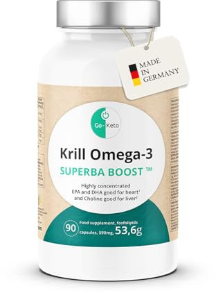 Go-Keto Krill Oil Omega 3 SUPERBA BOOST® | 90 capsule da 596mg Olio di Krill Premium | concentrazione extra alta di EPA e DHA, con colina | Prodotto in Germania | certificato MSC