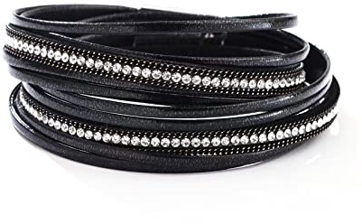 KunBead Jewelry Womens Double Black Wrap Leather Bracelet Handmade Braided Boho Multilayer Magnetic Buckle Bracelet Wristband Cuff Bangle Birthday Gifts