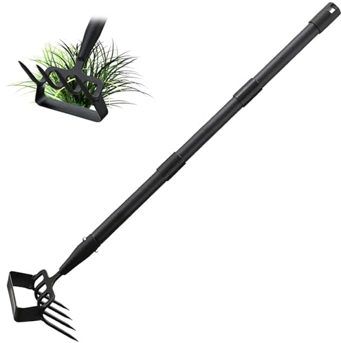 INFLATION Heavy Duty Metal Gardening Weed Puller Tool 4 Tines Prong 2-in-1 Herb Stripper Yard Rake for Women Kids Men Garden Grandpas Weeder 32-62 inch Long Adjustable Handle
