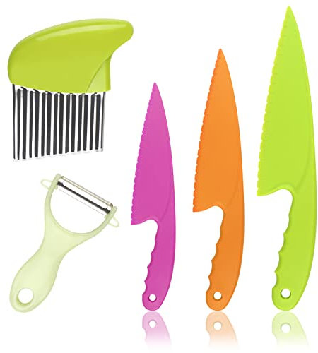 Ailvor Toddler Knife, 5pcs Kids Knife Set, Plastic Child Safe Knives in 3 Sizes, Serrated Edges with Crinkle Cutter, Peeler for Fruits Vegetables Salad Cake