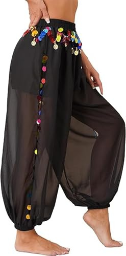 Leemiman Disfraz de danza del vientre para mujer, pantalones de harén, pantalones de baile indio, Bollywood, moneda, lentejuelas, farol, pantalones de gasa, Negro, L