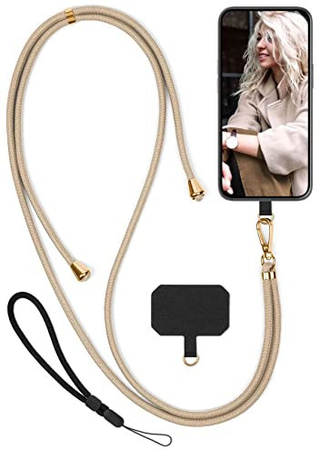 moex Unleash für Huawei P10 Lite Handyband zum Umhängen ohne Hülle, Handykette Universal mit Karabiner, Handy Band abnehmbar, Kette mit Pad für Handyhülle, Beige, Gold