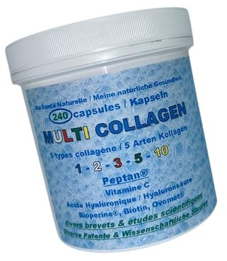 MULTI COLLAGEN Collagène Breveté PEPTAN® + Acide Hyaluronique + Vitamine C + Bioperine® + Ovomet® + Biotine - divers Brevets + Études Cliniques - 240 capsules 4 Mois de Cure