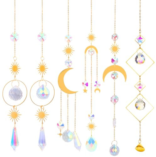 5 Pièces Attrape Soleil Cristal, Kit Attrape-Soleil, Capteur a Suspendre Suspendu Arc-en-Ciel Ange Pendentif Soleil l'étoile Lune Capteur pour Maison Fenêtre Jardin Noël Jour Mariage Décoration