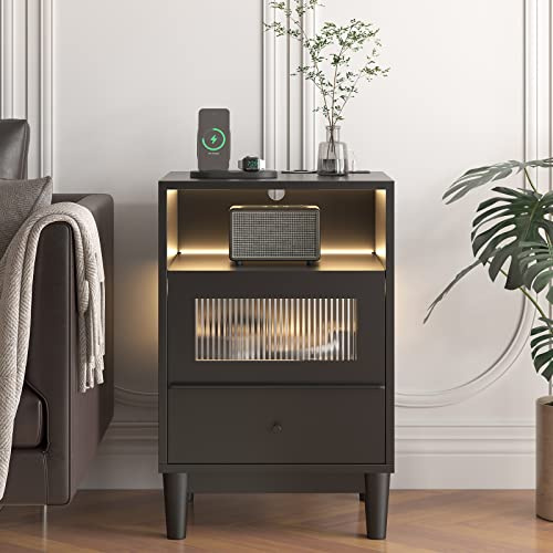 Jehiatek Bedside Table with Charging Station & LED Lights, Nightstand with 2 Drawers & USB Ports, Modern Bedside Cabinet with Socket & Open Compartmentfor Bedroom, 40×35×60CM, Black