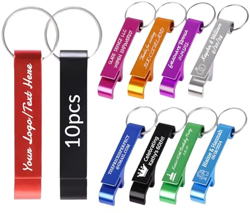 BEXOA 10 Pcs Personalised Bottle Opener Keyring - Bulk Customised Text/Logo Keychain Wedding Favors for Guests Party Gifts (10 PCS)