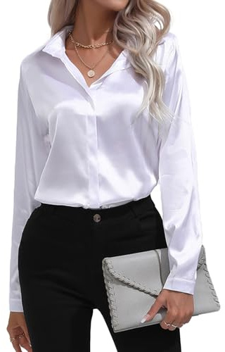 MGizo DtiSpectrum Chemise en Satin pour Femme - Manches Longues à Un Bouton Semblable à de la Soie, Col en V sans Bouton pour Bureau, Chemisier Élégant