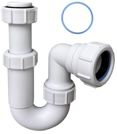 PlumbEZ Siphon en P pivotant réglable avec anneau antidérapant, siphon d'évier télescopique, 32 mm, kit de vidage d'évier multi-ajustement, conforme à la norme BS EN2574-1, coude en U