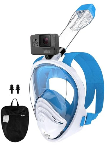 Zumhigh Full Face Snorkel Mask,180°Panoramic View,Anti-leak,Anti-fog,Snorkeling Mask Set with Adjustable Strips,Diving Mask with Detachable Camera Face, for Teenagers Adults,Blue,S/M