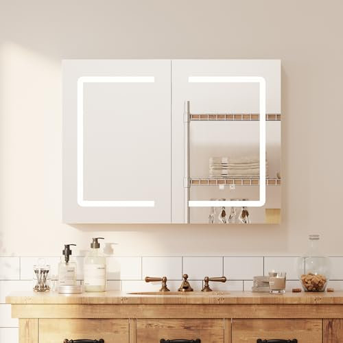 EROMMY LED 60x80x13,5cm Beleuchteter Anti-Beschlag Badezimmer Spiegelschrank,Doppeltür,3 Farbtemperaturen, Dimmbar, USB-Steckdose, Spiegelschrank Bad mit Beleuchtung mit höhenverstellbaren Regale