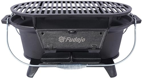 ESPIDOO Oval Cast Iron Charcoal Grill: Heavy-Duty Enameled Portable Hibachi - Built-in Handles & Vent for Camping & Tailgating - Outdoor BBQ & Picnic Cooking for Adults