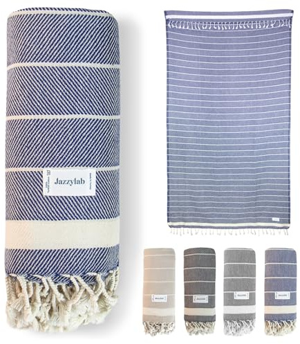 VEREV hamam-handduk | 100% bomull | Fint fiskbensmönster | Elegant & snabbtorkande | Perfekt för wellness & resa | Marinblå, 90x180 cm