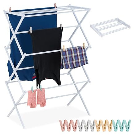 Relaxdays Stendibiancheria Pieghevole, Stendino Verticale a Torre, 11 Aste e Mollette, 105x74x37 cm, in Acciaio, Bianco, Plastica