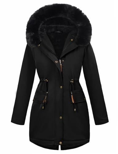 UMIPUBO Women's Winter Parka Fleece Lined Jacket Thicken Puffer Coat with Removable Fur Trim Warm Anoraks Outwear with Hood(Black,M)