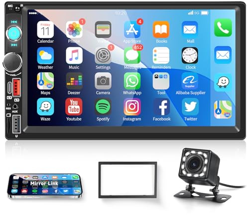 Hodozzy 2 Din Autoradio con Bluetooth, 7 Pollici Touchscreen Stereo Auto con Mirrorlink, Radio FM, Condivisione Video, EQ, USB/Type-C/AUX, Comandi al Volante e Retroilluminazione a Colori+ Telecamera