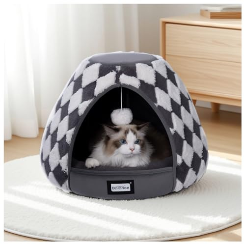 BALANCE Cat Beds for Indoor Cats, 2-in-1 Cat Bed Cave with Anti-Slip Bottom and Ultra-Soft Plush, Cozy Cats House Tent for Kittens and Small Dogs, 19 Inches, Dark Grey