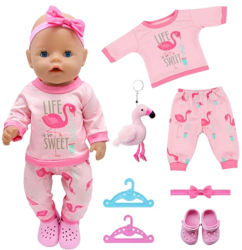 Baby Dolls Clothes for 16-18 Inch Baby Doll, 30-45 cm Baby Doll Accessories 43cm Baby Doll Outfits mit Flamingo Top Pants Hanger Shoes Flamingo Doll for Sweet Doll Clothes Girls Birthday Gift