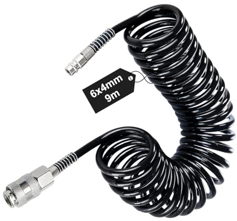 LNSYSNS Manguera Compresor Aire max 8 Bar, 4 x 6 mm Manguera Compresor Espiral con Conector de 1/4, 9 m Accesorios Compresor Aire, Negro, para Suministro de Aires Comprimido