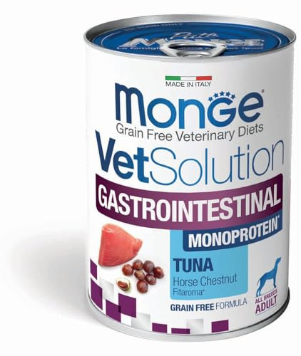 Monge Intestinal Umido Cane All Breeds,alimento completo per cani di tutte le taglie gusto TONNO per la riduzione dei disturbi dell'assorbimento intestinale | 6 scatolette da 400 grammi l’una.