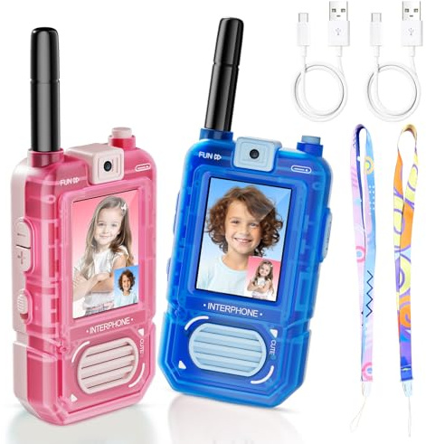 Juego de 2 walkie-talkies con cámara para niños Walkie-talkies Recargables con cámaras HD giratorias de 180 Grados, sin Necesidad de Wi-Fi, Aptos para niños de 3 a 12 años