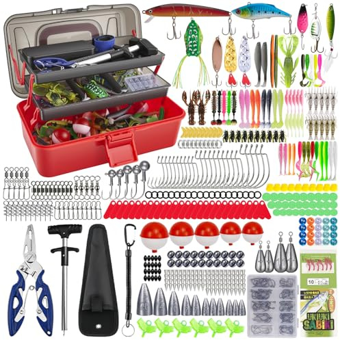 Nastopee Set di 460 esche da pesca, set con accessori da pesca, pesci di gomma per luccio, lucioperca, trota, persico, 3 ripiani, attrezzatura da pesca adatta per principianti