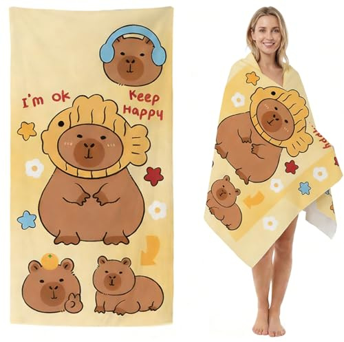 Capybara Toalla de Playa de Microfibra, Manta Playa de Microfibra 3D Ligera y Portátil Toalla Sauna Toallas de Baño Toallas de Playas Ultraligera y Secado Rápido para Camping,Piscina(75x150cm)