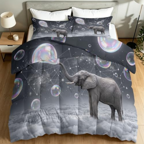 Täckfritt täcke 135 x 200 cm – grått vändbart allergivänligt täcke set för alla årstider, iriserande bubbla djur elefant lätt quiltade överkast, mjukt varmt drömmande duntäcke