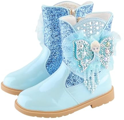Monissy Bottines à Talon Plat Zip Fluide Paillette Papillon Elsa Fée des Fleurs Ailes Multicouches Dentelle Perles Franges Crystal Rond Carré Bottes Noël Reine des Neiges Hiver