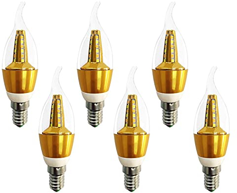 E14 Candelabra LED Light Bulb 5W LED Chandelier Light Bulbs 50 Watt Equivalent Flame Shape Lamp E14 European Base Candle Bulb for Home Decor Ceiling Fan Dining Room, 3000K Warm White, Gold, Pack of 6