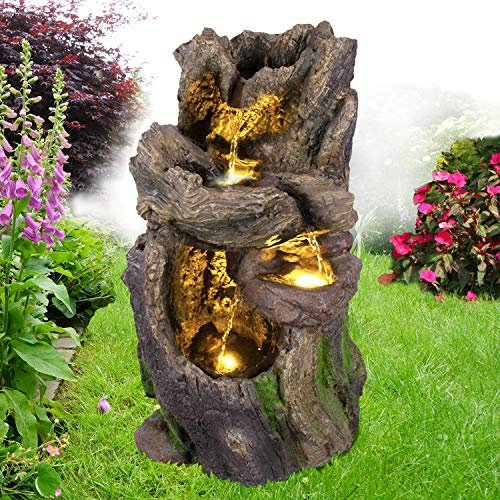 Gartenbrunnen, Brunnen, Zierbrunnen, Zimmerbrunnen, Springbrunnen, Brunnen mit LED-Licht 230V Wasserfall Wasserspiel für Garten, Gartenteich, Terrasse (Wald-BÄCHLEIN)