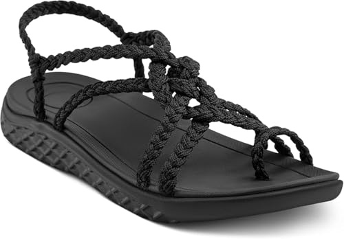 Plaka Explore Walking and Hiking Sandals for Women | Comfortable Summer Sandal with Arch Support | Waterproof Comfy Sandals for Travel, Beach or Poolside | Pure Black | size 10