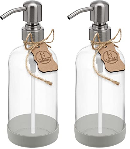 ALTGLAS Dispensador de Jabón 'Sarajevo' - Doble Dispensador de Ducha Hecho de Botella de Vidrio Transparente con Posavasos de Silicona y Cabezal de Bomba en Plata Cepillada (2 Piezas a 500 ml)