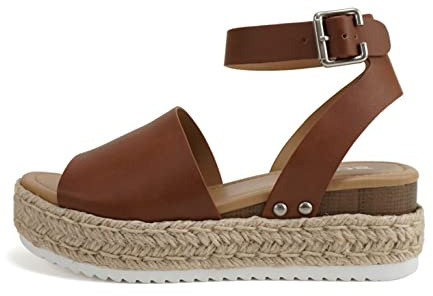 Soda Topic Open Toe Buckle Ankle Strap Espadrilles Flatform Wedge Casual Sandal (Cognac Pu, 6)