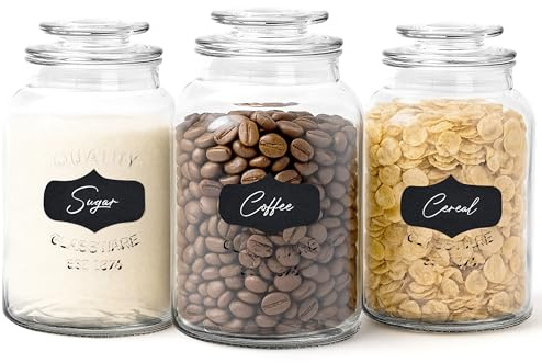 WHOLE HOUSEWARES Glass Canisters with Airtight Lids Set of 3 - Glass Storage Jars for Candy, Cookie, Flour, Sugar, Coffee - Sealed Food Storage for Pantry - Clear Containers for Kitchen Counter