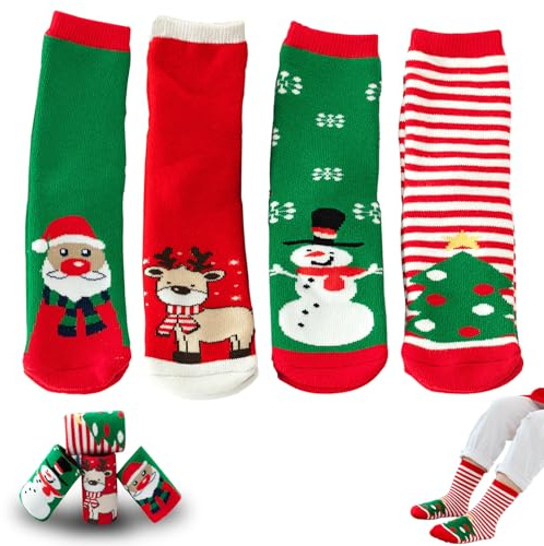 Chaussette de noel, 4 Paires Chaussette noel enfant, Chaussettes noel femme, Enfants Noël Chaussettes en Coton, pour Les Tout Petits, Enfants, Filles, Garçons,Cadeaux De Noël (L)