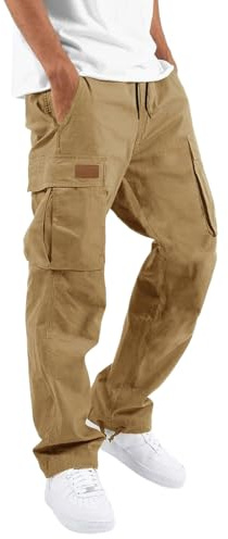 WZIKAI Mens Cargo Pants Casual Joggers Hiking Pants Loose Straight Athletic Workout Sweatpants with Pockets Khaki M