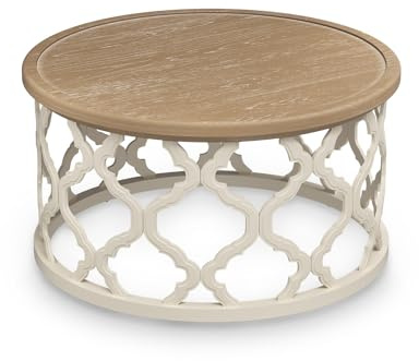 VONLUCE Farmhouse Coffee Table, 76 cm Round French Country Coffee Table, Distressed Wood Tray Top Vintage Table with Storage Shelf for Living Room Dining Room Bedroom, Small Space, Beige