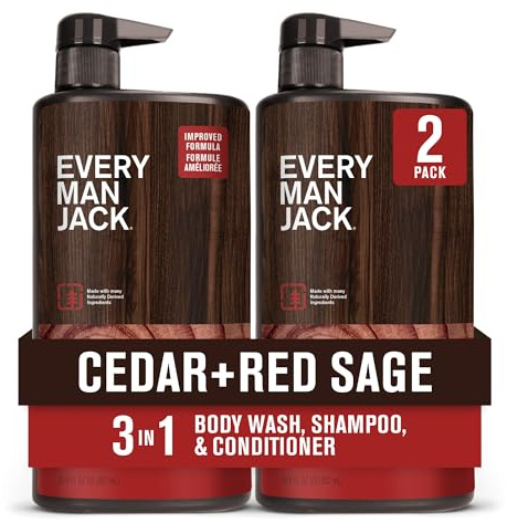 Every Man Jack Cedar + Red Sage Mens 3-in-1 All Over Wash for All Skin and Hair Types - Body Wash, Shampoo and Conditioner with Naturally Derived Ingredients - Paraben & Dye Free - 28.8oz - 2 Pack
