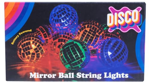 Fizz Creations Disco Mirror Ball String Lights. Includes 10 Multicolour LED Mini Mirror Balls on 170cm String. Battery Powered. Indoor Wall Decor for Home Party Retro AnniversaryBedroom Disco Lights.
