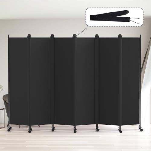 Kokorona 6 Panel Room Divider, 6FT Tall Rolling Privacy Screen with Lockable Wheels, Folding Wall Dividers Portable Room Divider for Room Separation, Included - Cover Strips, Black, W 302 x H 178 cm