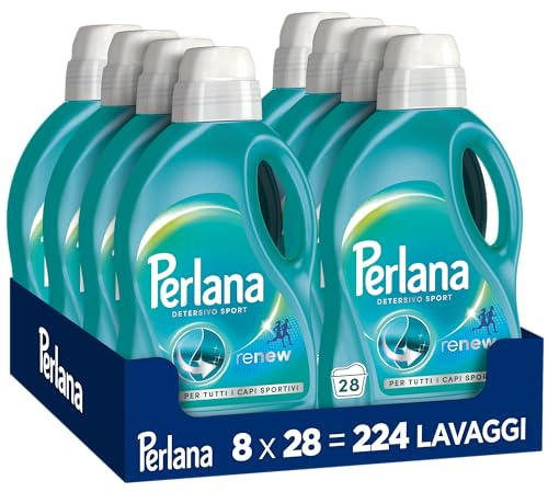 Perlana Detersivo Sport (8 confezioni da 28 lavaggi), Detersivo lavatrice liquido per tutti i capi sportivi, Detersivo capi sportivi per rimuovere i cattivi odori e mantenere l'elasticità