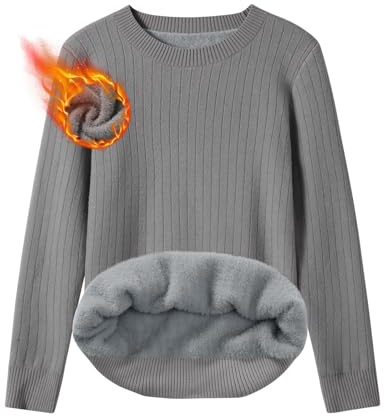 TOMEEK Pull Femme Hiver Chaud col Rond Pull Polaire en Tricot Chic et Elegant Pullover à Manches Longues Thermique Hauts Sweater Casual Chandail Tops, Gris,Taille S