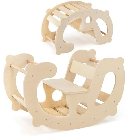 Costzon Wooden Arch Rocker, 2-in-1 Montessori Rocking Toys for Toddlers with Easy-Grip Handles, Children Rocking Horse Toy w/Seat, Indoor Play Gym Climbing Ladder Set for Kids Aged 1+ Gift Presents