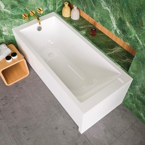 ECOLAM Vasca da bagno TAMI 160 x 70 cm + grembiule, vasca rettangolare in acrilico sanitario, set completo con grembiule acrilico, scarico e troppopieno, set di piedini automatici in silicone