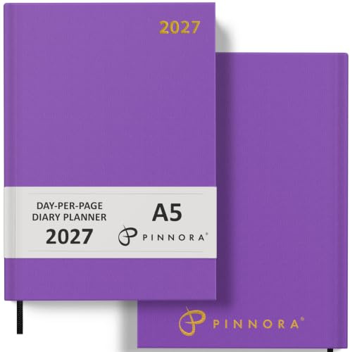 Pinnora Diary 2027 A5 Day Per Page, Purple Year Planner Organiser 2027 Day Per Page, 2027 Planner, Home, School & Office, Hard Back 2027 Diaries, A5 & A4 2027 Diary in Day Per Page & Week To View
