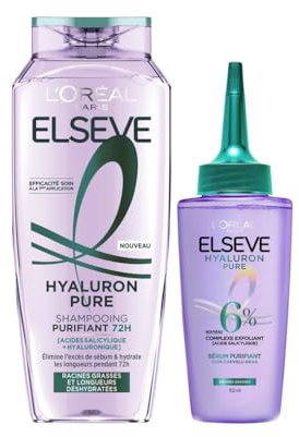 L'Oréal Paris - Routine de Soins Capillaires pour Cheveux Gras - Purifie les Racines - Hydrate les Longueurs - Acides Salicylique & Hyaluronique - Shampooing & Sérum Purifiant - Elseve Hyaluron Pure