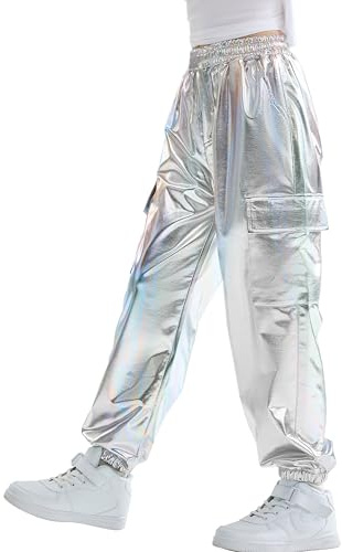 Rolanko Pantalones Cargo Niñas, Dance Hip Hop Pantalones Metálicos Brillantes Cintura Elástica Retro Streetwear, Láser Plata, 8-9 años,140