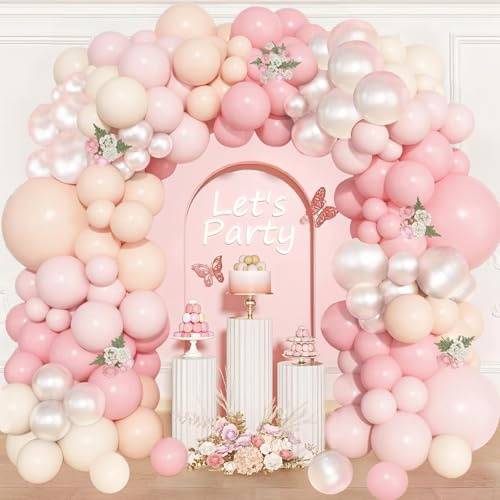 Guirlande de ballons rose, lot de 114 ballons avec perles roses, nude et blanc perlé, décoration de fête pastel pour filles, femme, anniversaire, fête prénatale, douche nuptiale, mariage, fiançailles