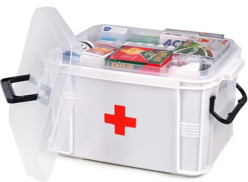 HEY FOLY 15qt White Medicine Organizer Storage Box with Tray, Plastic First Aid Box Empty, Thickened Medicine Container Chest, Multipurpose Medical Case with Labels, Medicine Caddy with Lids Handles