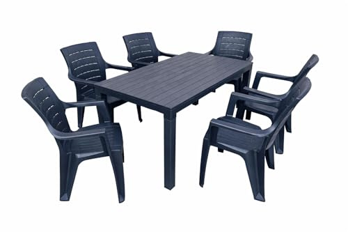 Set Tavolo da Giardino 140x80 cm con 6 Sedie – Tavolo Quadrato da Esterno in Resina – Set Tavolo e Sedie per Terrazzo, Balcone e Giardino – Colore Antracite